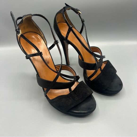 Gucci Suede Leather Trim T-Strap Stiletto Strappy Platform Sandal Black - Picture 2 of 11